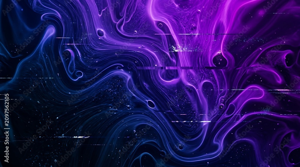 Obraz premium Abstract purple and blue fluid swirls with digital glitch effects