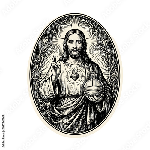 Картината върху платно Sacred Jesus Christ with Holy Heart and Globe Illustration
