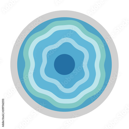 Minimalist circular garden pond with smooth stone border and simple concentric ripple lines isolated on a white background, zen wellness concept