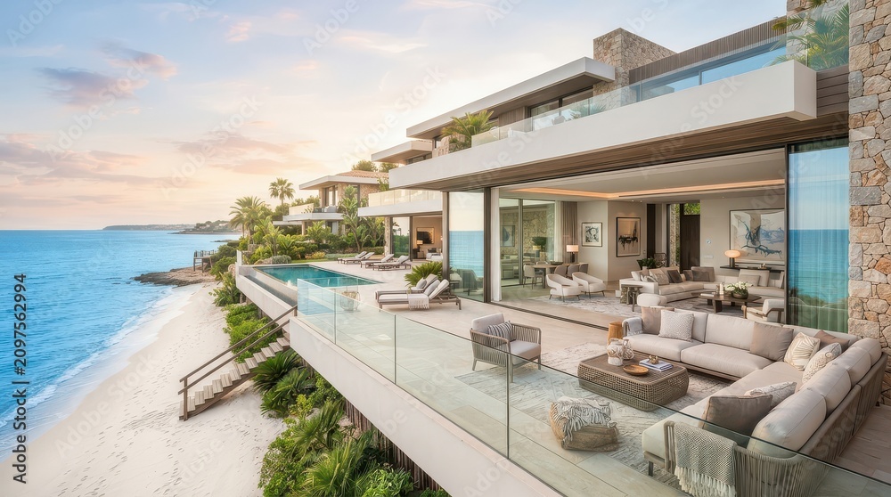 Fototapeta premium Modern beachfront villa with glass terrace and ocean view