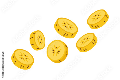 Photography Six fresh yellow banana slices with seeds shown in mid-air