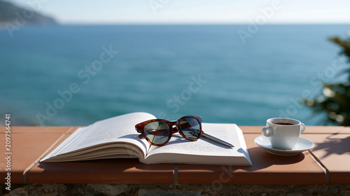 Open Novel and Sunglasses on Coastal Balcony with Cup of Coffee and Sea Horizon