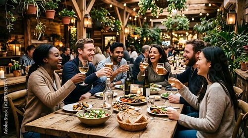 Diverse group of happy friends toasting and laughing at dinner party