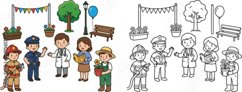 Foto community helpers working together at a neighborhood festival community helper l