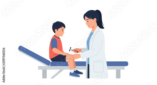 Obraz na płótnie Pediatrician testing boy's knee reflexes with medical hammer.
