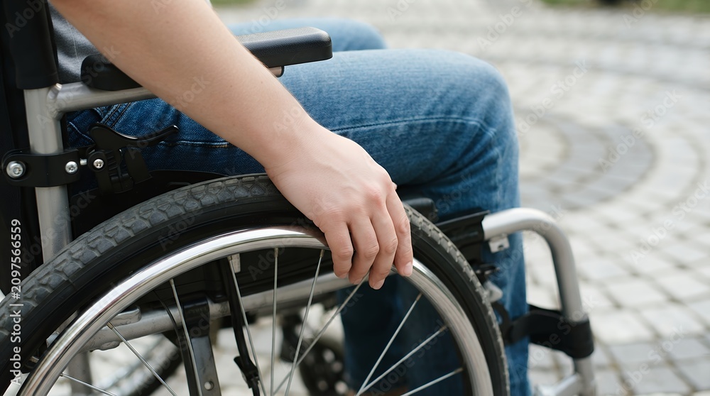 Obraz premium Disabled person in wheelchair outdoors, close-up of hand on wheel, physical rehabilitation and accessibility concept