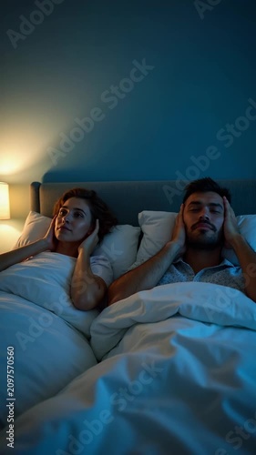 Frustrated couple lying in bed at night, covering ears with their hands to block out disturbing noise. Bedroom illuminated by soft bedside lamp, calm yet troubled mood. Neighbors interfere with sleep