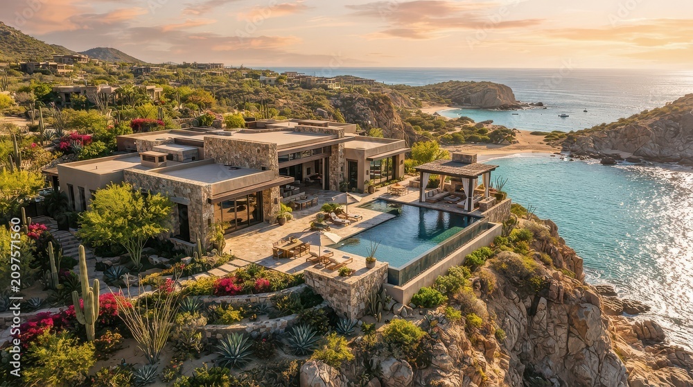 Naklejka premium Cliffside modern villa with infinity pool above rocky ocean cove