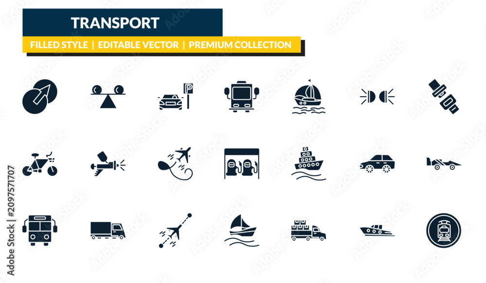 Obraz premium filled transport icons set - transition, stability, seatbelt, tram stop label. editable vector for web and mobile ui