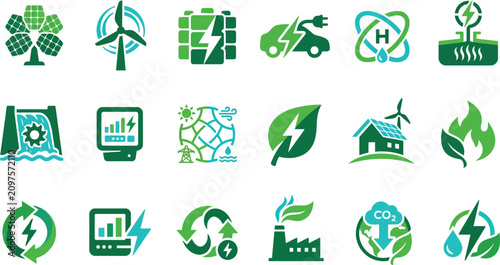 Environmental sustainability and renewable energy icon set highlighting green power and eco technology with sustainabilit