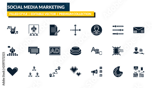 Tableau sur toile filled social media marketing icons set - rocker, seminar, letter with stamp, mass media