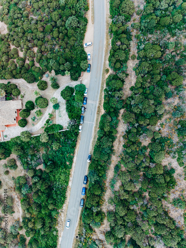 Photography Aerial view of a narrow road crossing a dense forest with several parked cars and a residential property surrounded by trees