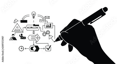 Hand holding a pen illustrates a complex professional workflow management system diagram that outlines strategic planning stages and operational efficiency steps for a growing modern business.