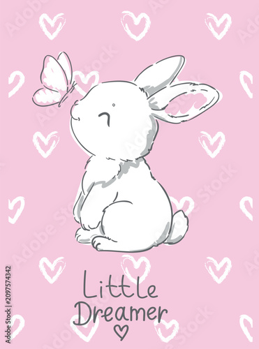 Hand Drawn Vector Little Dreamer Bunny Nursery Print with Cute Rabbit and Hearts