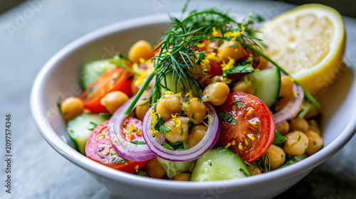 Fresh salad with chickpeas, tomatoes, cucumber, lemon, and dill