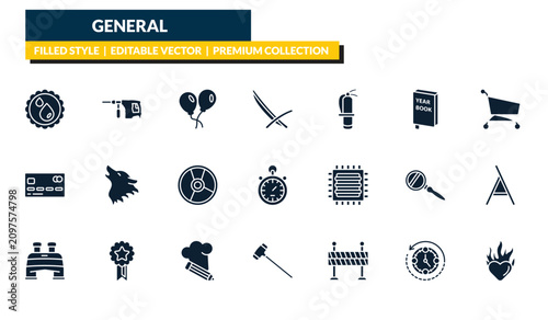 filled general icons set - save water badge, perforator, shopping trolley, heart in flames. editable vector for web and mobile ui