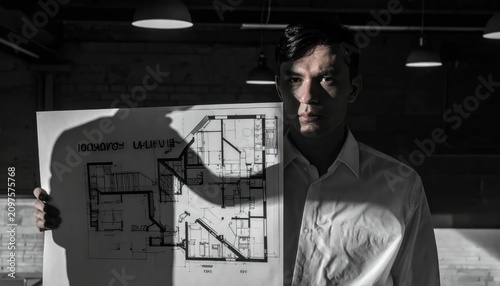 Architect holding floor plan blueprint in dramatic lighting.