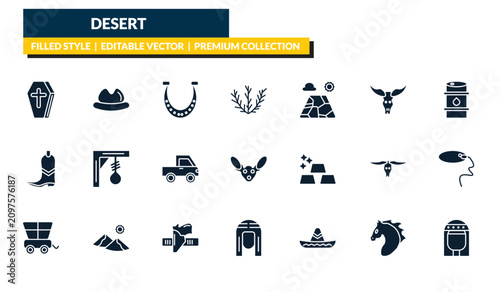 Photos filled desert icons set - wooden coffin, desert hat, petroleum, cleopatra
