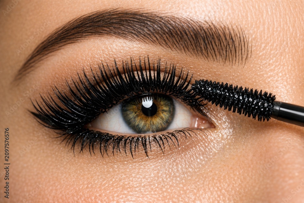 Naklejka premium A close-up shot of a woman holding a mascara brush, focusing on her eye