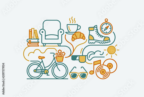 Фотография A stylized collection of leisure activity icons in teal and orange