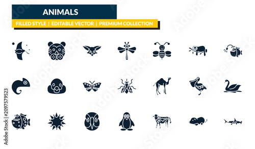 Canvastavla filled animals icons set - manta ray, tiger, angler, hummerhead