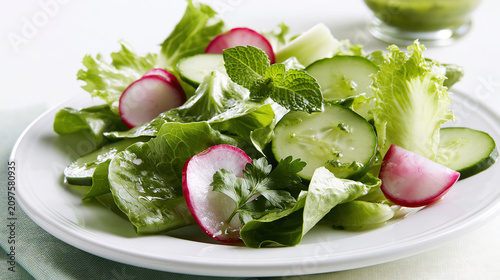 Fresh vegetable salad with cucumber, radish, mint, and lettuce on a white plate