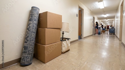 Cardboard boxes, rolled rug, and lamp stacked in a dorm hallway. Blurred students moving in the background. Ideal for college move-in day, university relocation, and student housing concepts