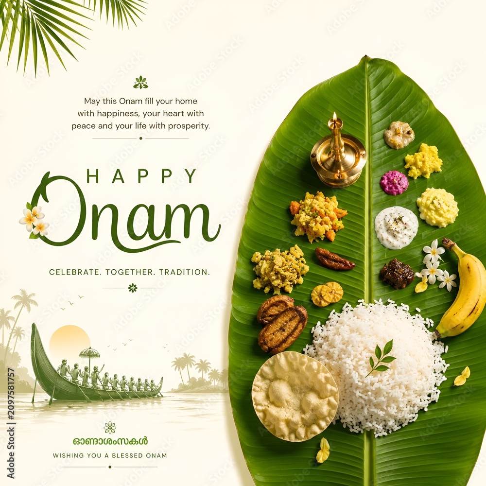 Fototapeta premium Traditional onam sadya served on banana leaf with brass diya and boat illustration