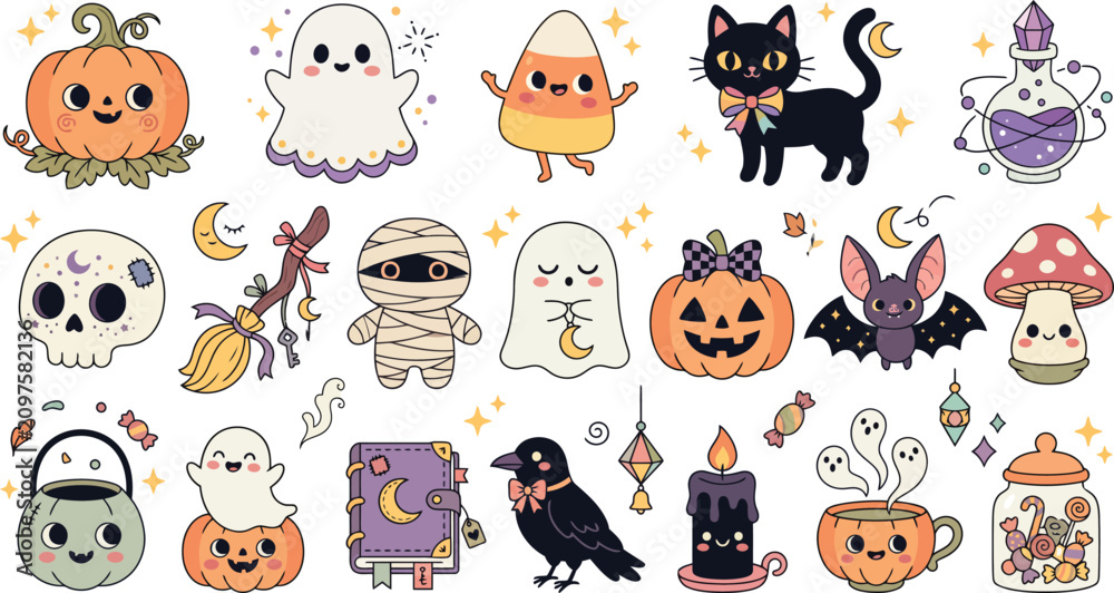 Obraz premium Set of cute kawaii halloween stickers featuring ghosts pumpkins black cat mummy bat skull and magical items on white background