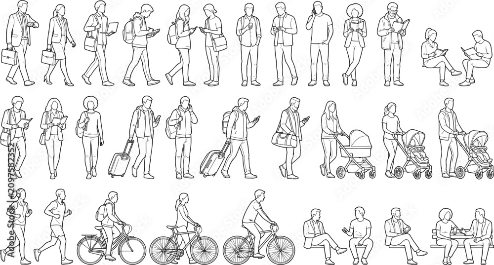 Fototapeta premium Modern People Lifestyle Line Art Collection with Commuting Business Activities Parenting Fitness and Urban Daily Scenes