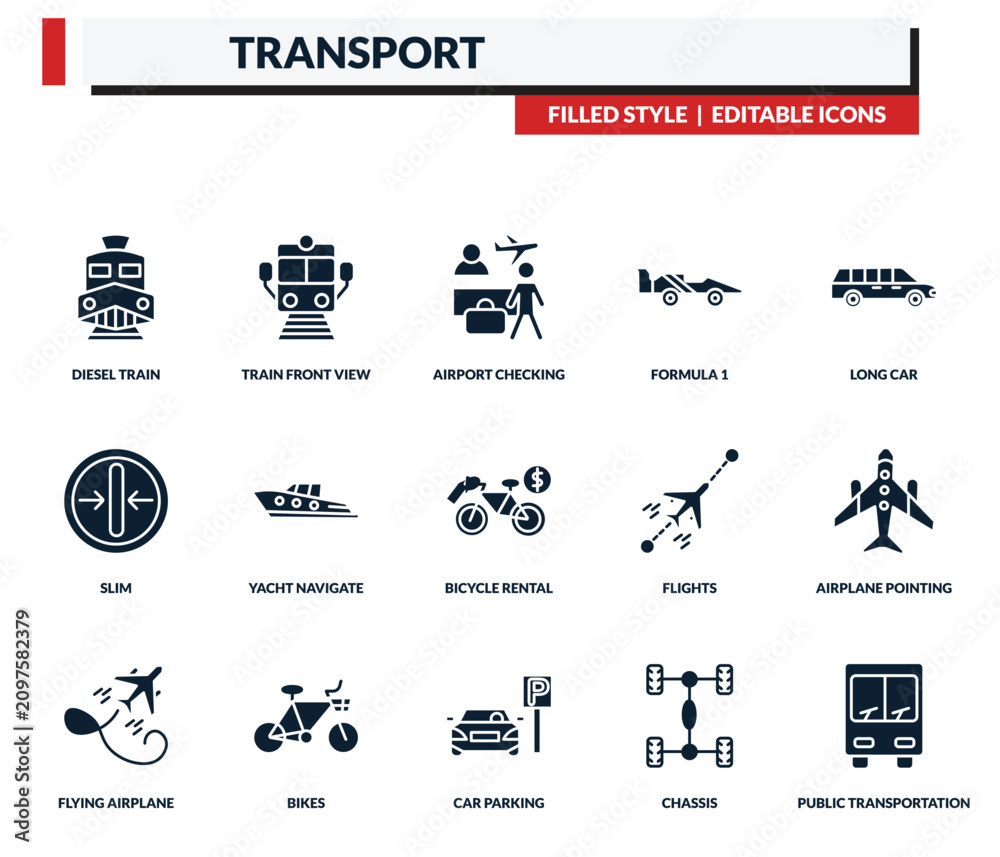 Obraz premium filled transport icons set - train front view, airport checking, formula 1, long car. editable vector for web and mobile ui