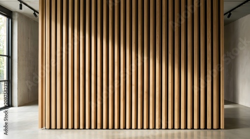 Vertical light wood slats create a modern rhythmic pattern featuring sharp lines and natural textures within this elegant interior design space.