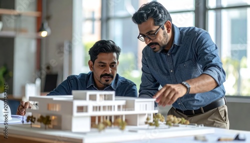 Architects examining white 3D house model in bright office