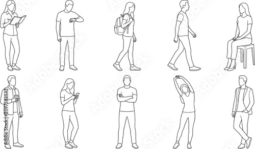People Lifestyle Line Art Character Collection with Standing Walking Reading and Everyday Activity Outline Illustrations