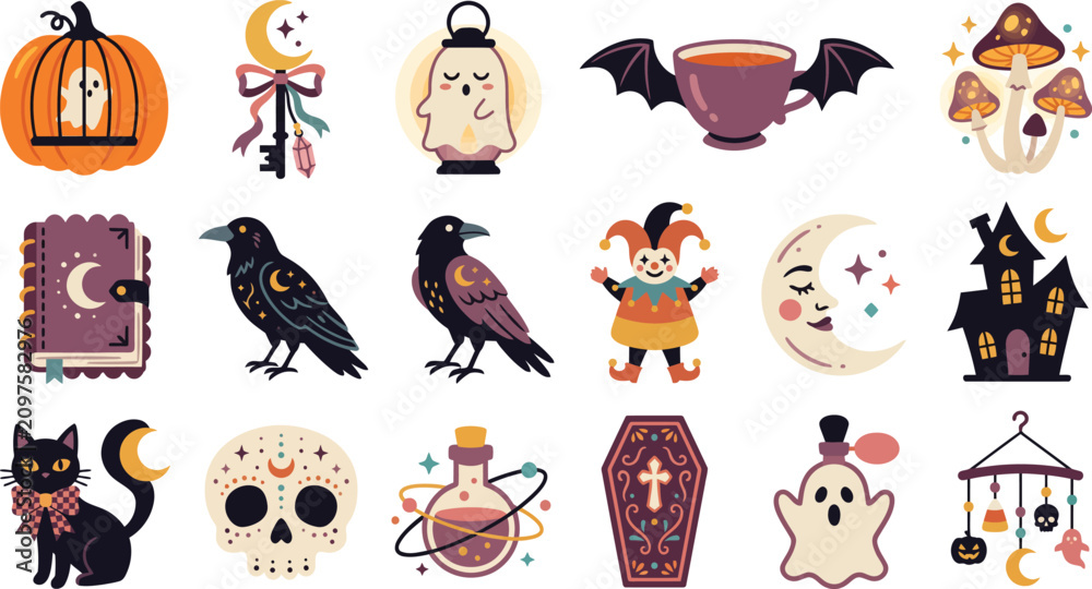 Obraz premium Set of cute halloween stickers featuring pumpkins ghosts black cats ravens skulls mushrooms bats and magical items on white background