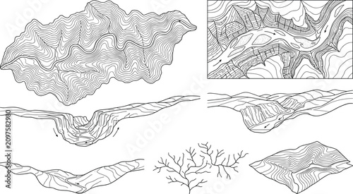 Foto Topographic Terrain Line Art Collection with Contour Maps Landforms Geological C