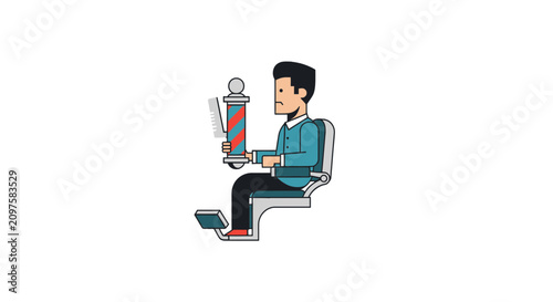 Barber Sitting in Professional Salon Chair Holding Pole and Comb