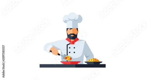 Male Chef in White Uniform and Toque Cooking Food in a Pan