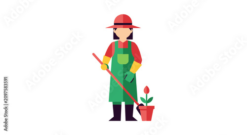 Female Gardener Standing with Shovel and Potted Flower
