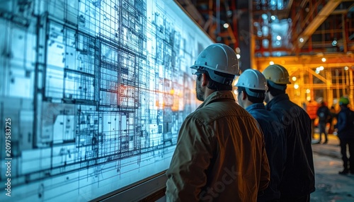 Architects reviewing glowing digital building plans at construction site.