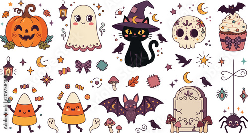 Cute hand drawn halloween sticker set featuring a black cat ghost pumpkin skull bat candy corn and various spooky elements
