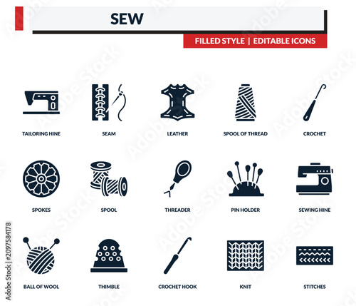 Obraz na plátne filled sew icons set - seam, leather, spool of thread, crochet