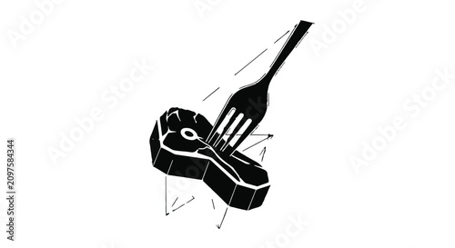 Steak piece of meat impaled on a metal fork represents a high protein meal concept for culinary restaurants or gourmet dining establishments looking to promote their high quality food services.