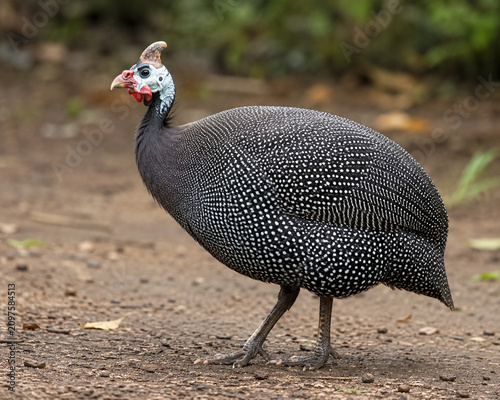 Helmeted Guinea Fowl Standing on Forest Ground with Natural Background