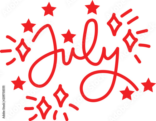 Handwritten calligraphy lettering of July with decorative red stars and sparkles, festive seasonal typography for summer events and holidays.
