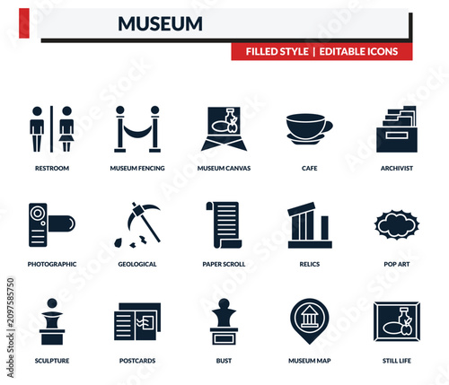 Bild auf Leinwand filled museum icons set - museum fencing, museum canvas, cafe, archivist