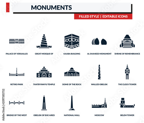 Photography filled monuments icons set - great mosque of samarra, kaaba building, al shaheed monument, shrine of remembrance