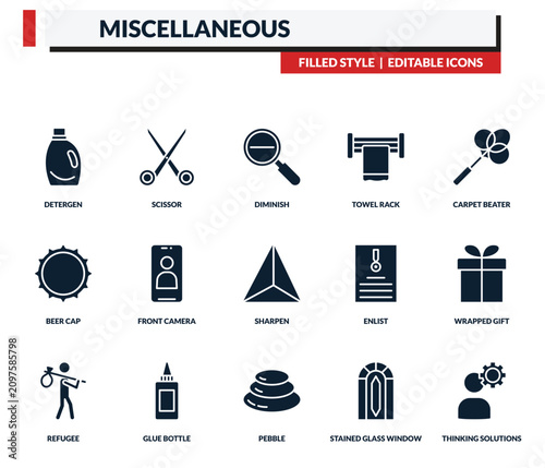 Fotografie filled miscellaneous icons set - scissor, diminish, towel rack, carpet beater