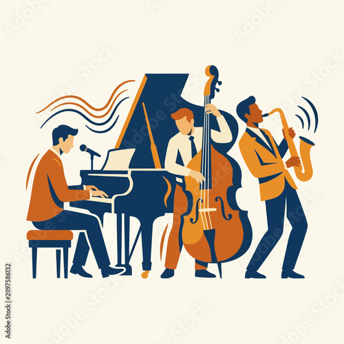 Sticker Trio of musicians performing jazz with piano, bass and saxophone
