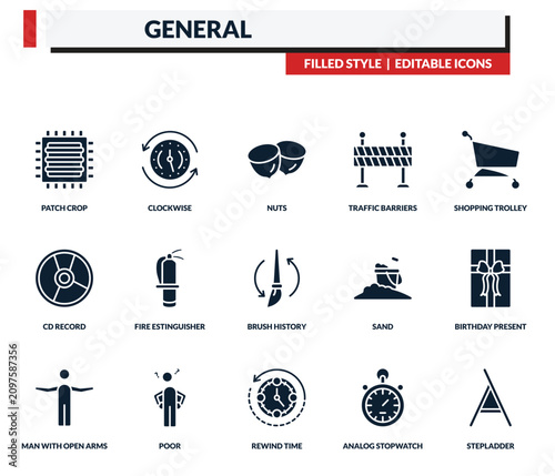 filled general icons set - clockwise, nuts, traffic barriers, shopping trolley. editable vector for web and mobile ui